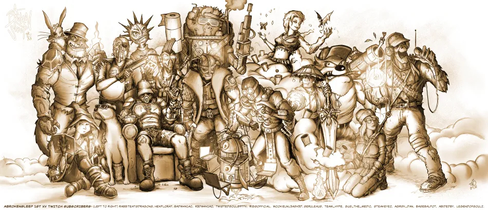 The 1st XV Subscriber artwork. A group of hand drawn custom characters drawn and inspired by twitch viewers and the games they play.