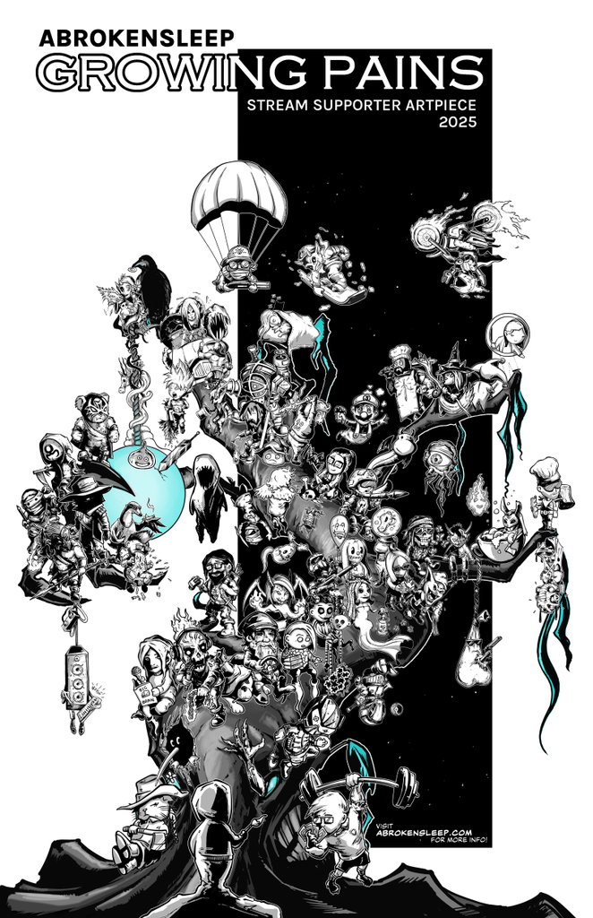 A high-contrast dark fantasy comic art illustration featuring a growing tree and its supporters, created as the Growing Pains stream support artwork for the abrokensleep Twitch channel.