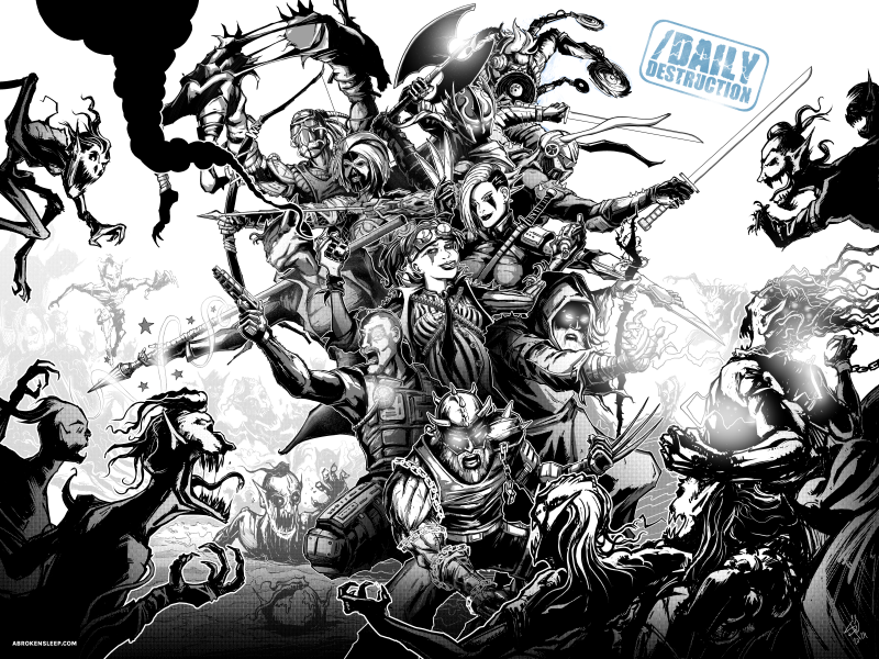 A group of brawlers fight off an attack from evil goblins. The use of might and magic within the high contrast black and white artwork represents the daily destruction.