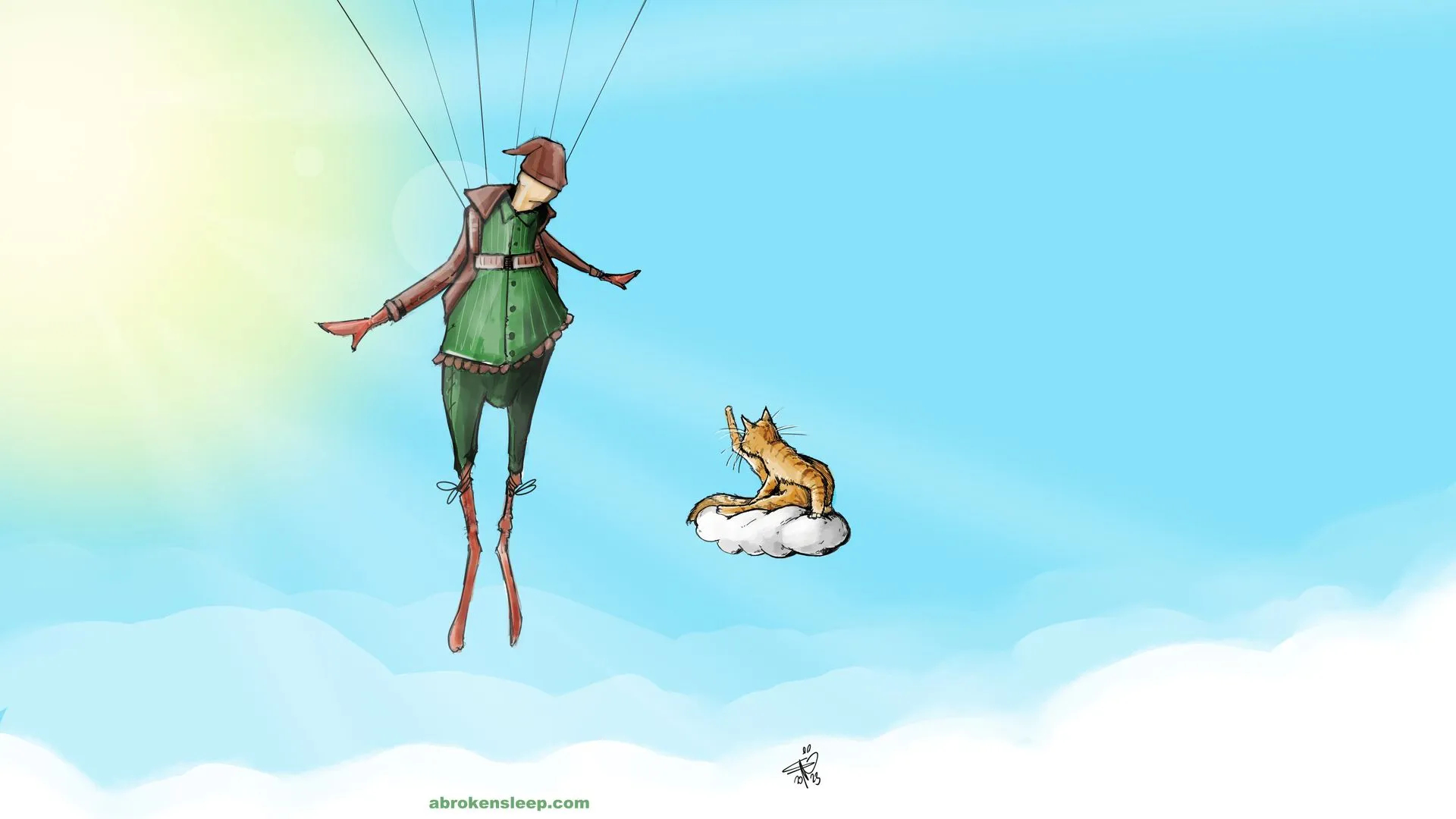 A puppet floating in the sky while watching a cat lick itself