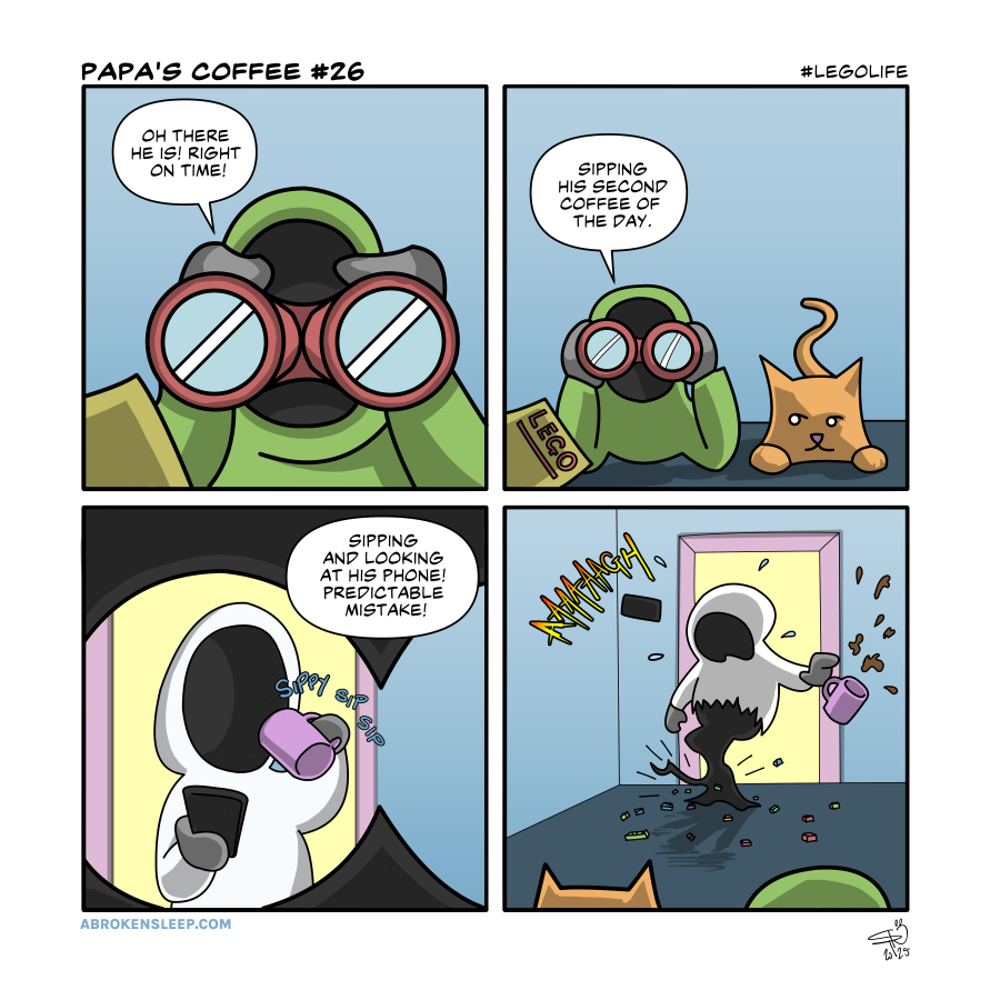 A 4 panel comic strip titled papa's coffee #26 legolife