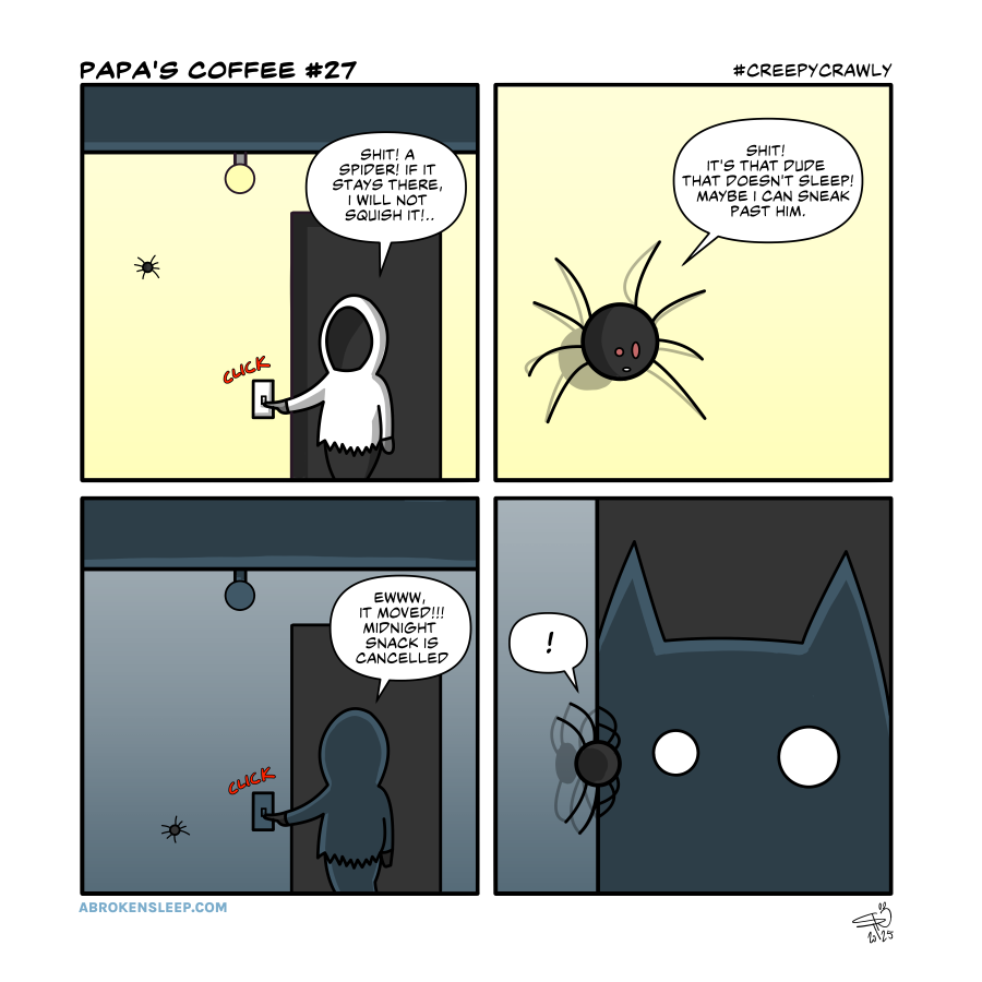 A 4 panel comic strip titled papa's coffee #27 creepycrawly