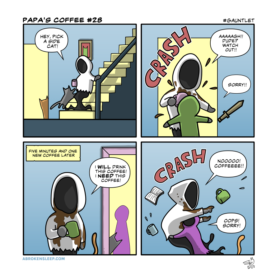 A 4 panel comic strip titled papa's coffee #28 gauntlet
