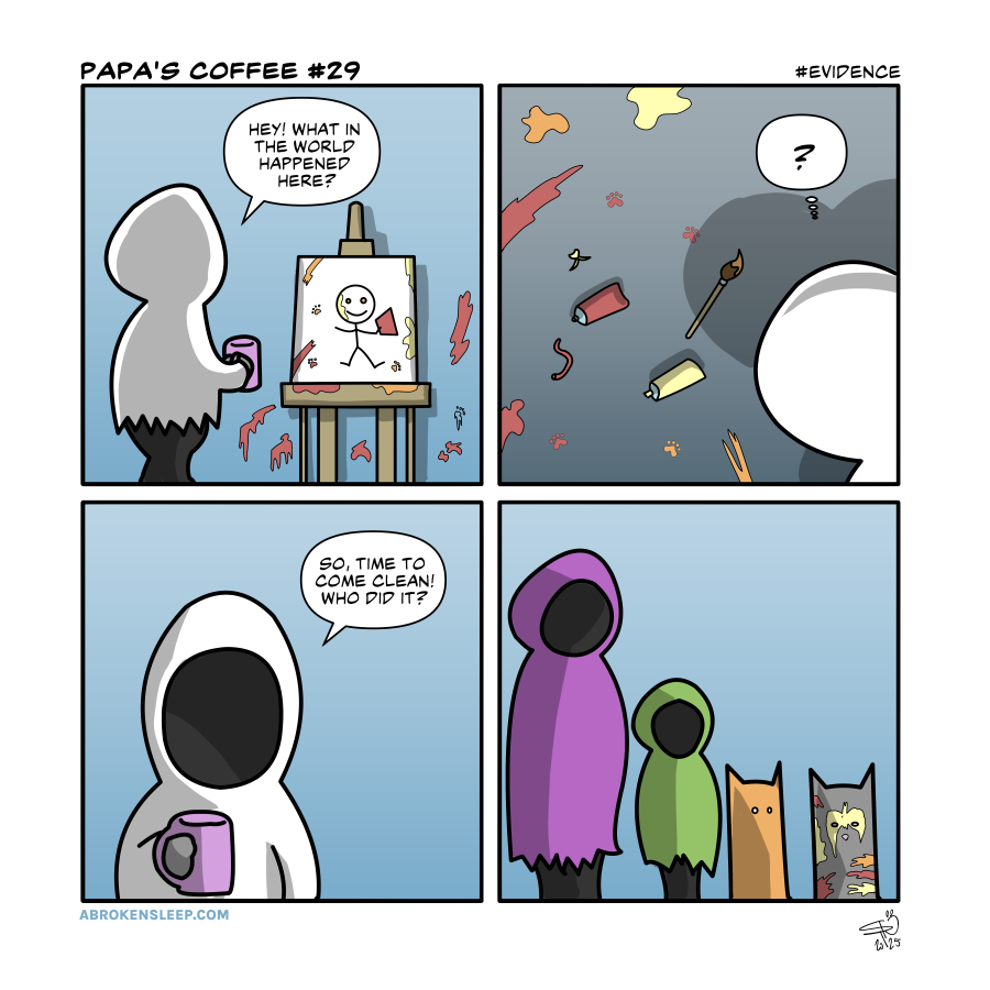 A 4 panel comic strip titled papa's coffee #29 evdidence