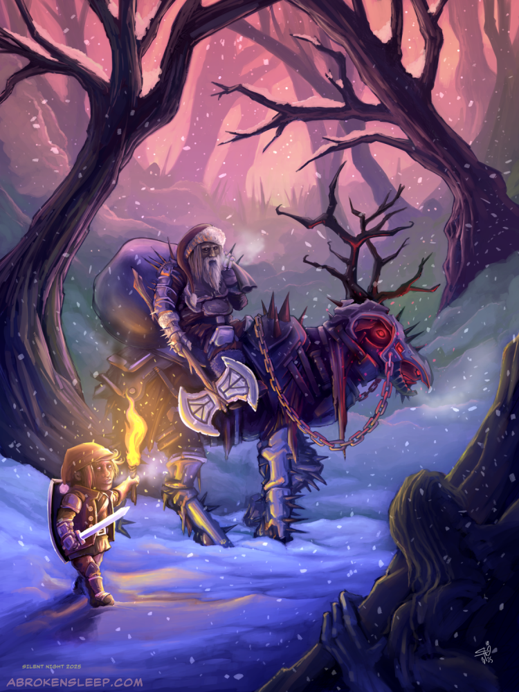Santa travels through a dark forest accompanied by the last elf of a christmas
