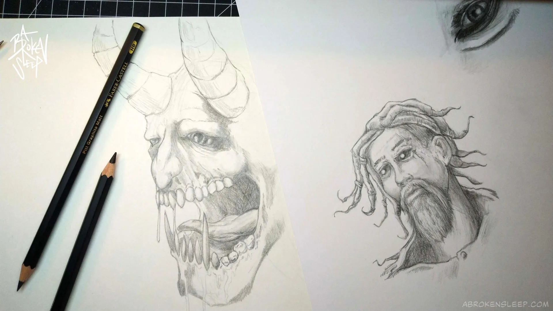 Pencil sketches of a demon and a sleepwalker